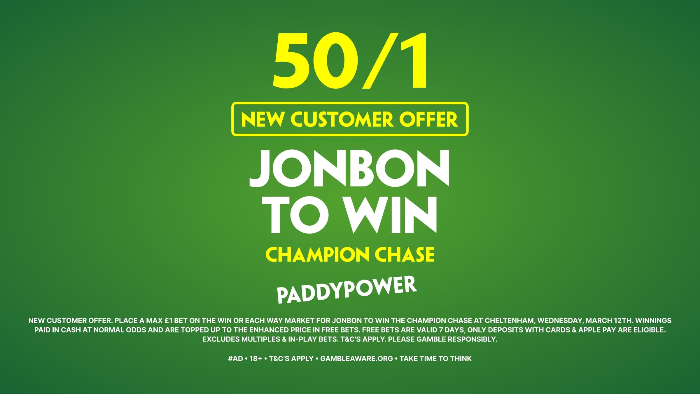 Get 50/1 Jonbon to win Champion Chase! Paddy Power Sign Up Offer For Cheltenham Festival image